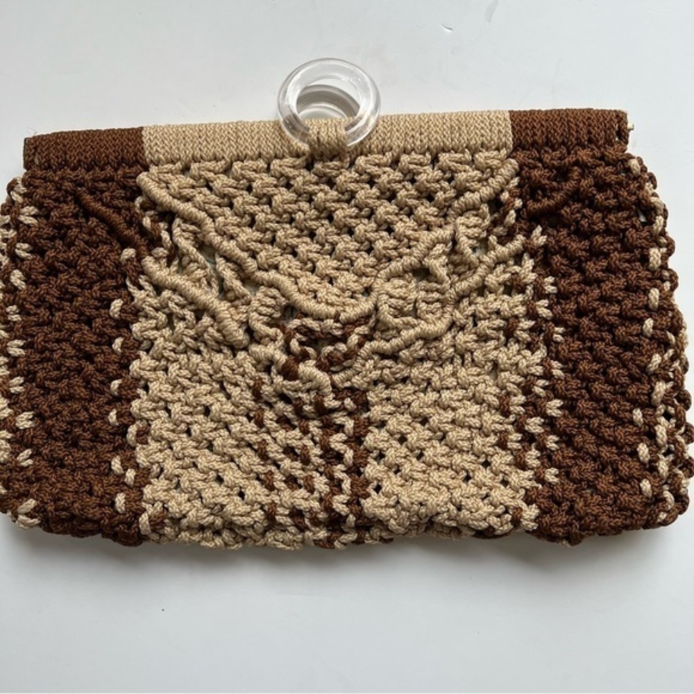 Crochet Two Tone Tan Clutch with Lucite Rings Bag